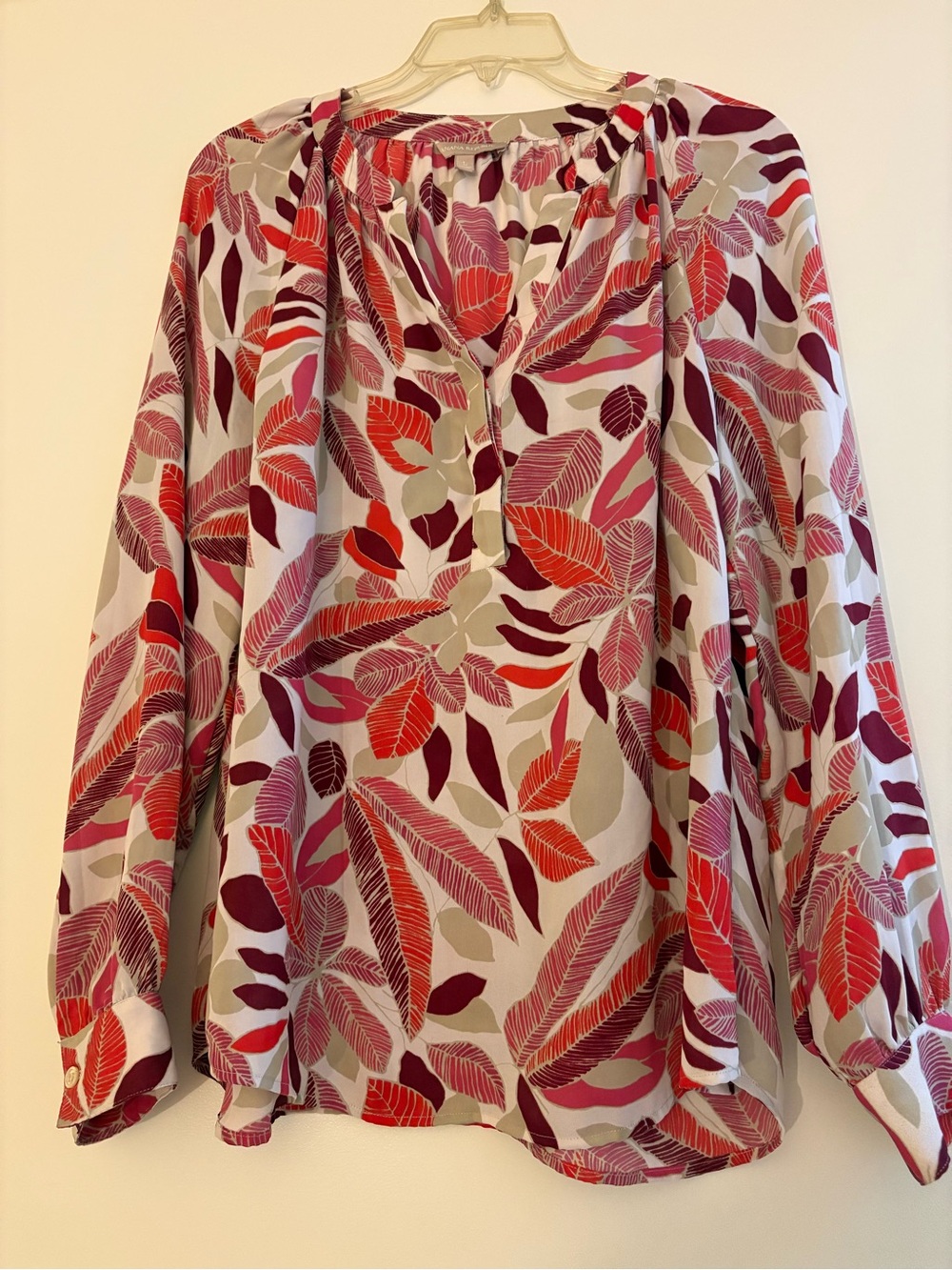 Banana Republic Pink, Red & Burgundy Leaf-Print Long Sleeve Blouse